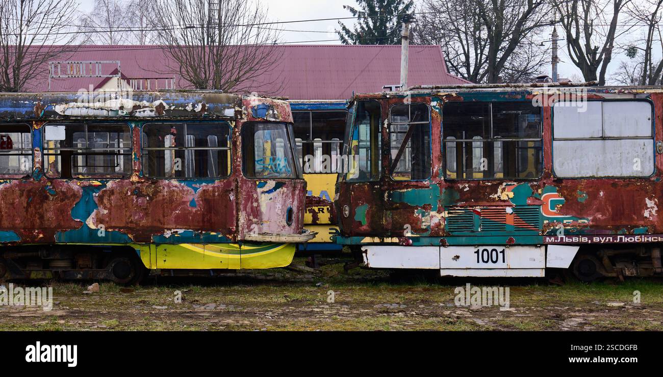 Lviv, Ukraine – 24.03.2024: Side view of old Tatra trams parking on the ...