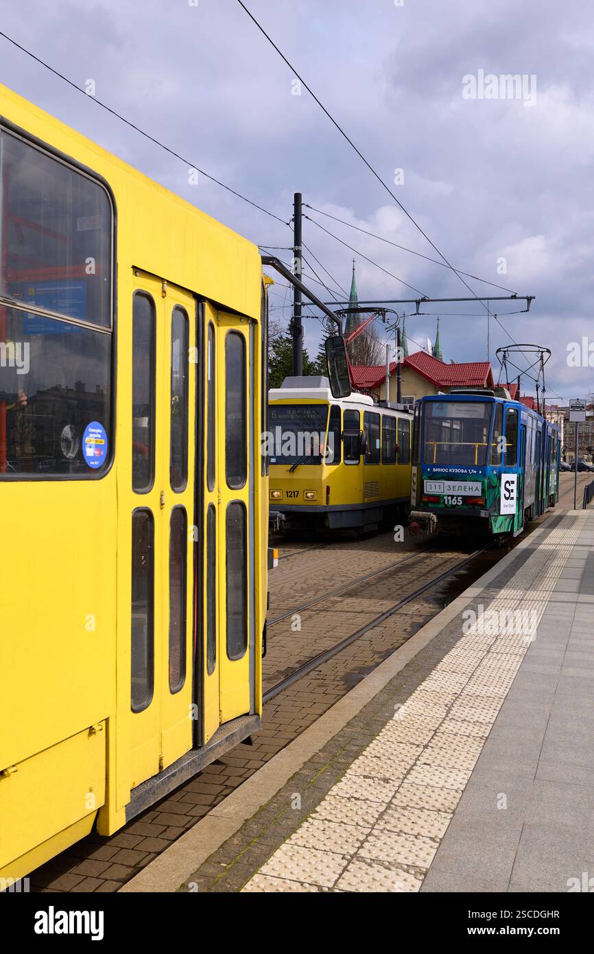 Lviv, Ukraine – 24.03.2024: Three Tatra trams at Prymiskyi Vokzal ...