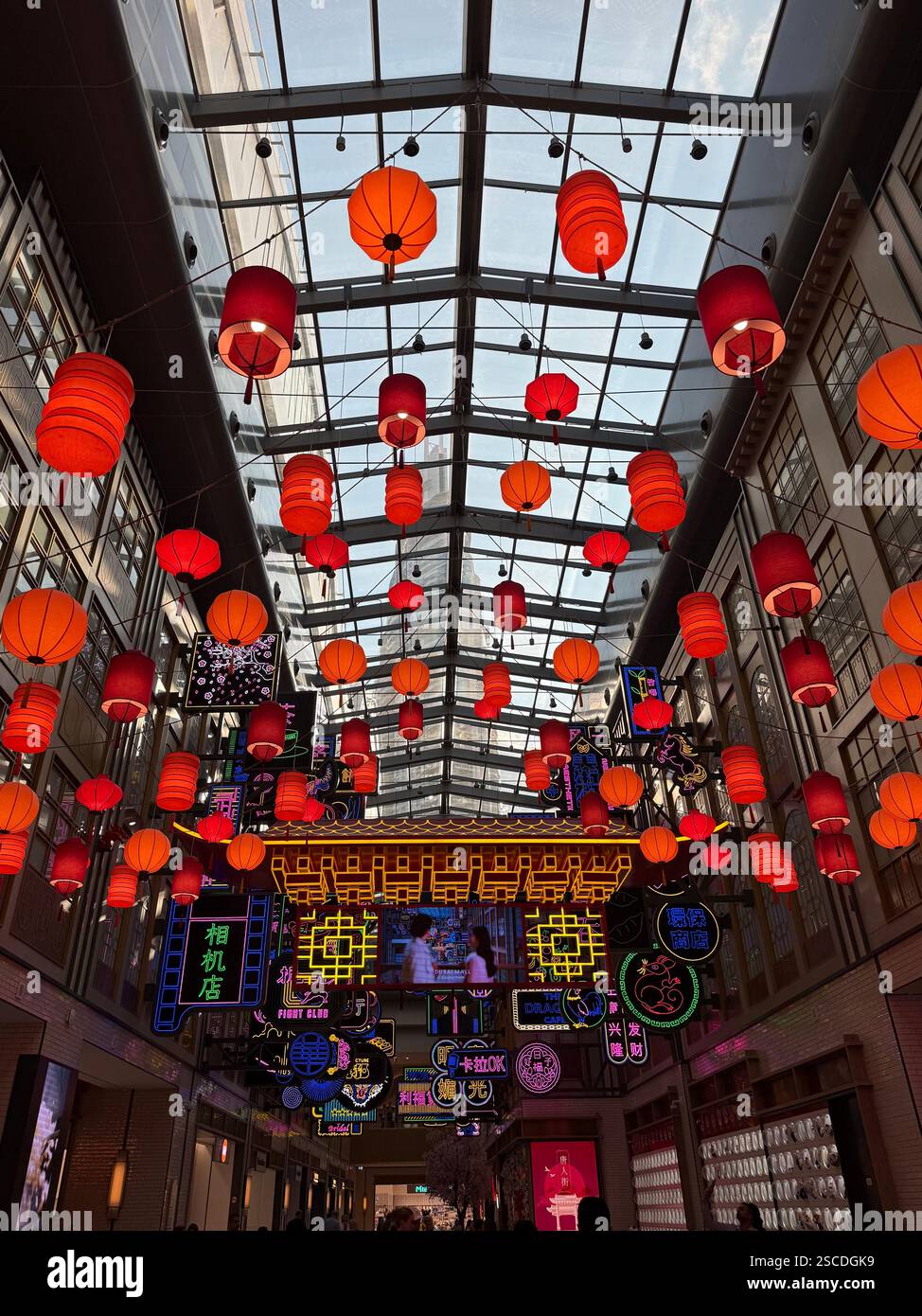 Beautifully designed Chinatown-themed area in Dubai Mall, adorned with traditional red Chinese lanterns, blending cultural elegance with modernity. Stock Photo