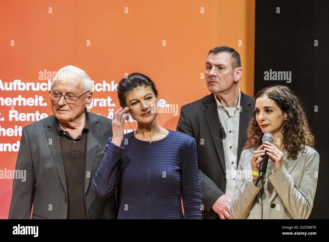 Oskar Lafontaine, Sahra Wagenecht and Jessica Tatti, BSW top candidate in Baden-Wuerttemberg at an election event of the party Buendnis Sahra Wagenkne Stock Photo