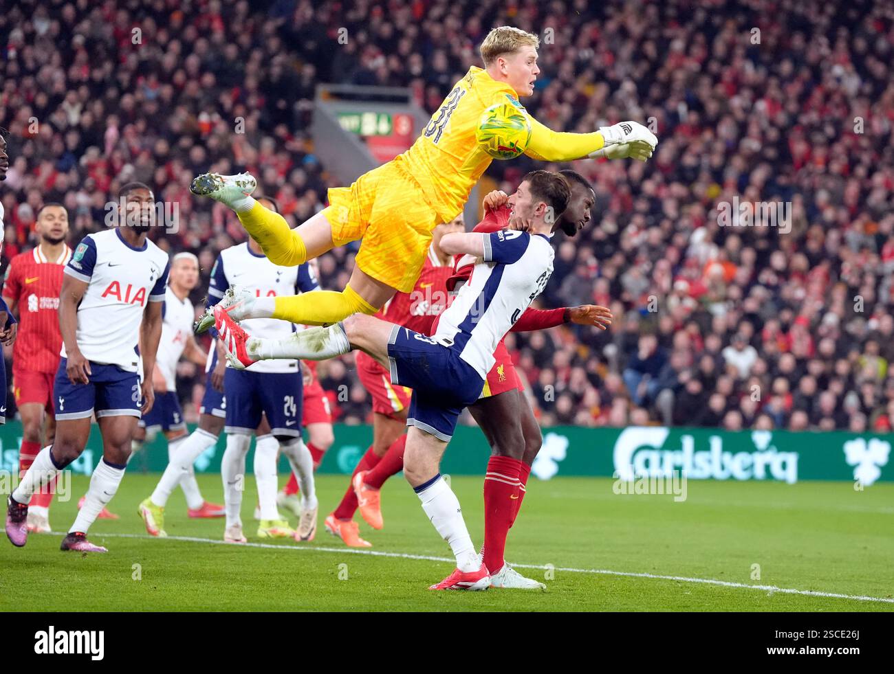 Tottenham Hotspur goalkeeper Antonin Kinsky attempts to claim the ball
