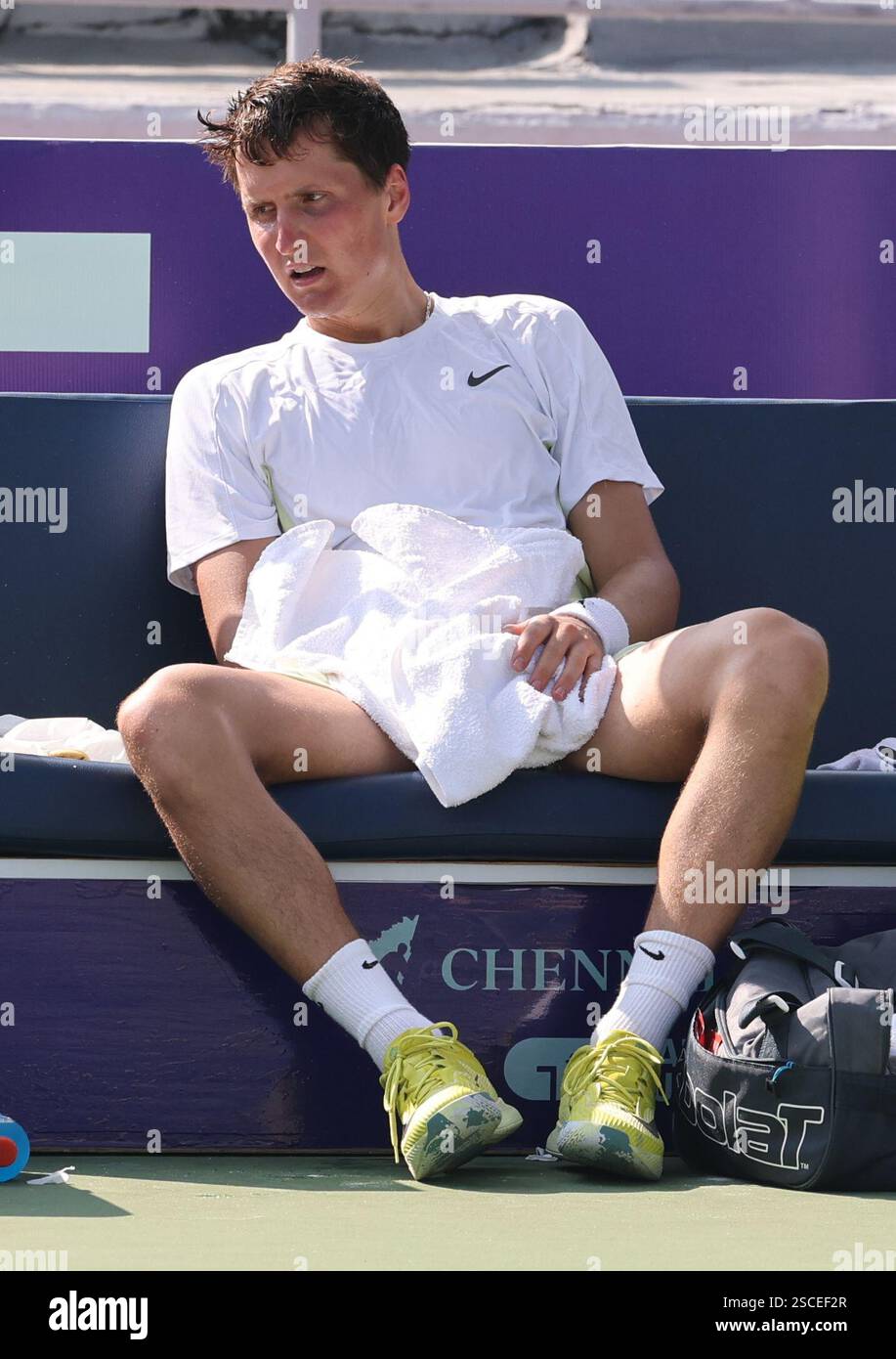 Chennai, Tamil Nadu, INDIA. 6th Feb, 2025. Chennai Open 2025: .Oleksandr OVCHARENKO (UKR).vs.Alexey ZAKHAROV (RUS).Oleksandr OVCHARENKO (UKR) defeated .Alexey ZAKHAROV (RUS) by 0-6, 7-5, & 6-4 .Alexey ZAKHAROV (RUS) in action. (Credit Image: © Seshadri Sukumar/ZUMA Press Wire) EDITORIAL USAGE ONLY! Not for Commercial USAGE! Stock Photo