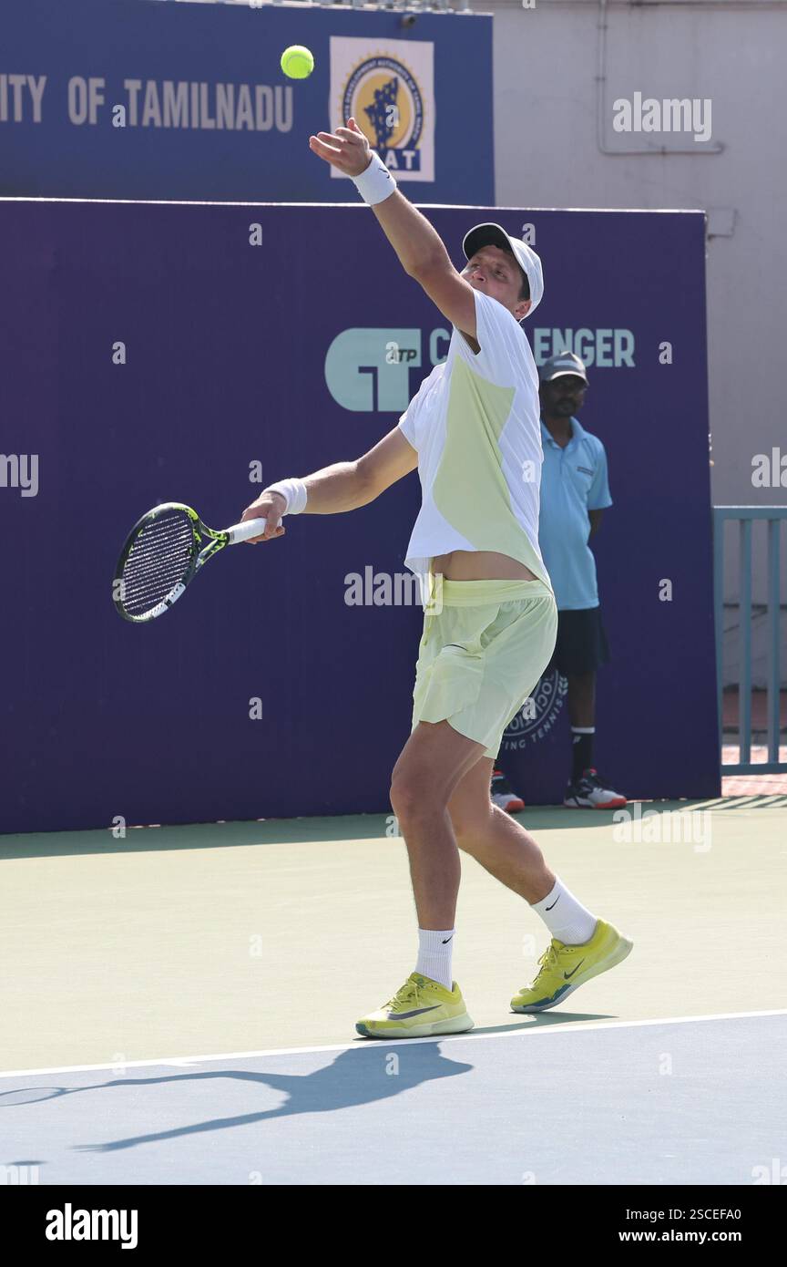 Chennai, Tamil Nadu, INDIA. 6th Feb, 2025. Chennai Open 2025: .Oleksandr OVCHARENKO (UKR).vs.Alexey ZAKHAROV (RUS).Oleksandr OVCHARENKO (UKR) defeated .Alexey ZAKHAROV (RUS) by 0-6, 7-5, & 6-4 .Alexey ZAKHAROV (RUS) in action. (Credit Image: © Seshadri Sukumar/ZUMA Press Wire) EDITORIAL USAGE ONLY! Not for Commercial USAGE! Stock Photo