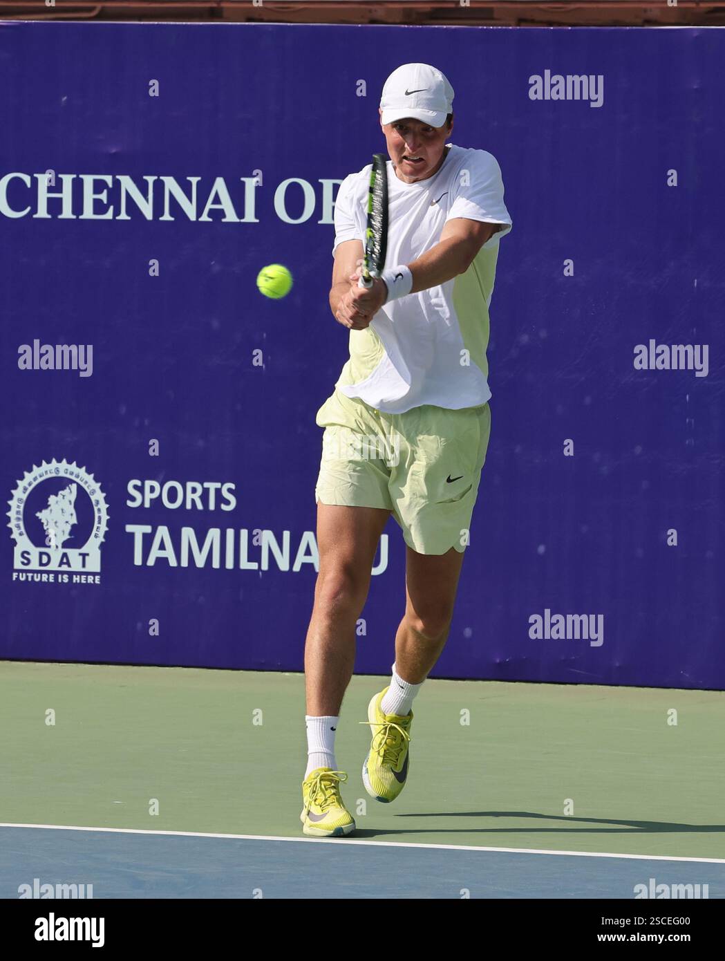 Chennai, Tamil Nadu, INDIA. 6th Feb, 2025. Chennai Open 2025: .Oleksandr OVCHARENKO (UKR).vs.Alexey ZAKHAROV (RUS).Oleksandr OVCHARENKO (UKR) defeated .Alexey ZAKHAROV (RUS) by 0-6, 7-5, & 6-4 .Alexey ZAKHAROV (RUS) in action. (Credit Image: © Seshadri Sukumar/ZUMA Press Wire) EDITORIAL USAGE ONLY! Not for Commercial USAGE! Stock Photo
