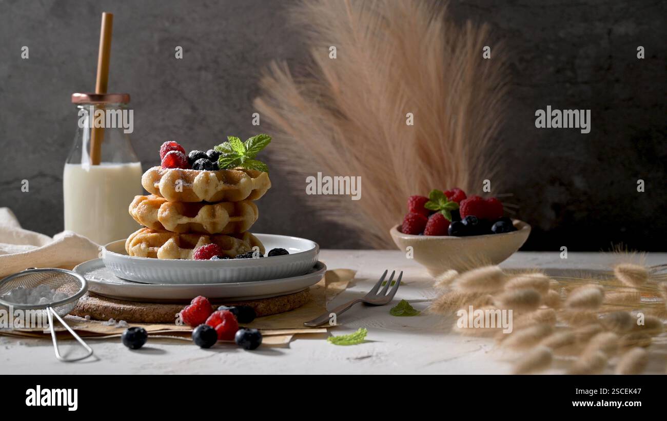 Sweet Homemade Berry Belgian Waffle with Whipped Cream Stock Photo - Alamy