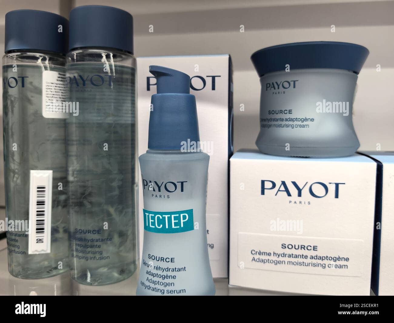 Bobruisk, Belarus - 2 February 2025: Various skincare products are neatly arranged on a shelf, showcasing elegant bottles and jars. The collection fea Stock Photo
