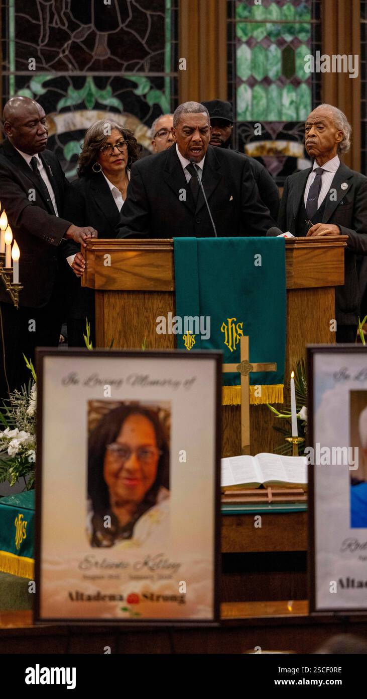 Pasadena, California, USA. 6th Feb, 2025. Trevor Kelley (center) speaks about the Altadena fire in which his mom, Erliene Kelley died during a memorial service at the First AME Church in Pasadena, California in remembrance of three victims of the Altadena Fire, Erliene Kelley, Rodney Nickerson and Evelyn McClendon. At left is his sister Lisa Kelley, attorney Benjamin Crump and to his right is the Rev. Al Sharpton. (Credit Image: © Jill Connelly/ZUMA Press Wire) EDITORIAL USAGE ONLY! Not for Commercial USAGE! Stock Photo