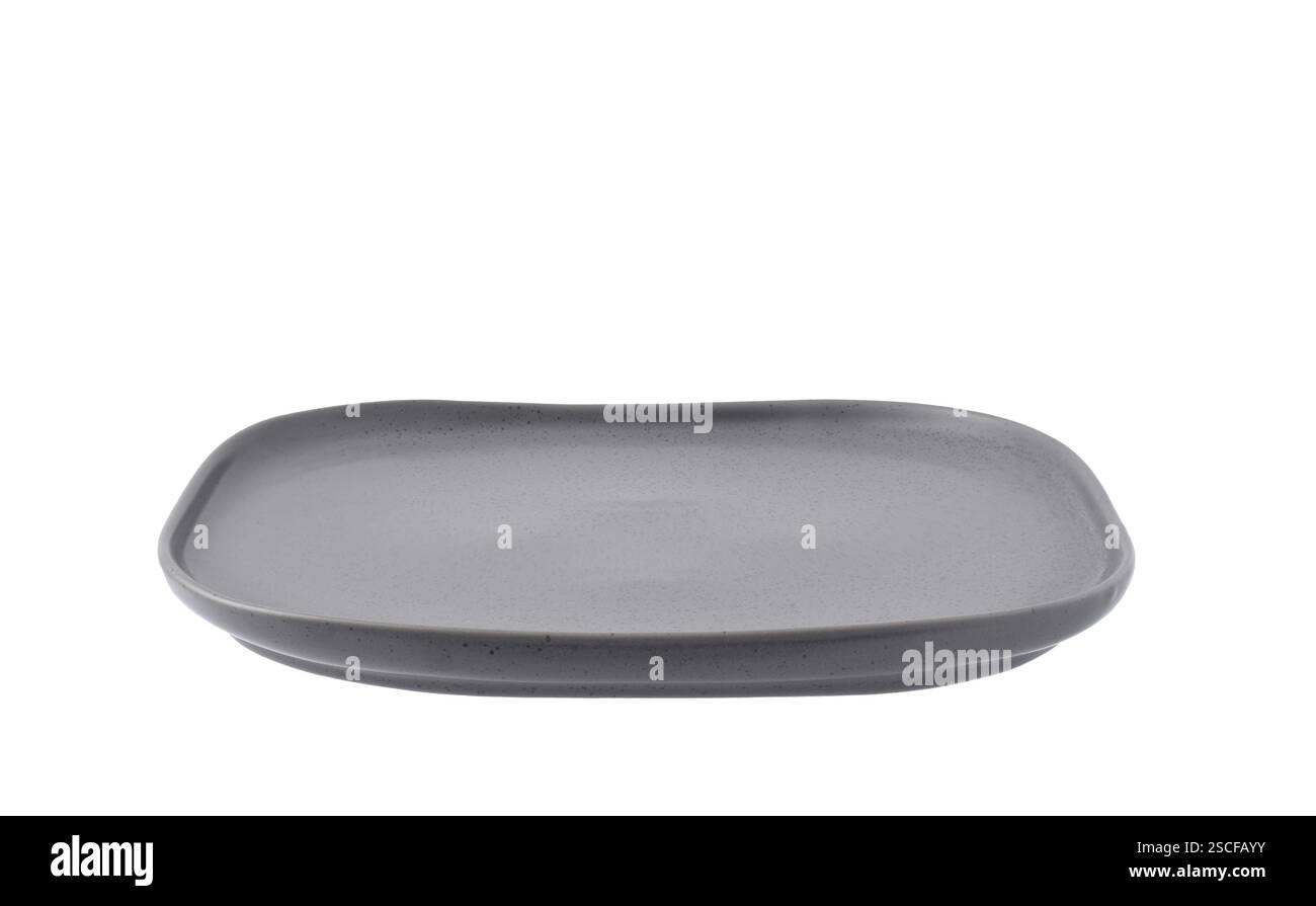 Empty gray square stoneware dinner plate isolated cutout front view on white Stock Photo