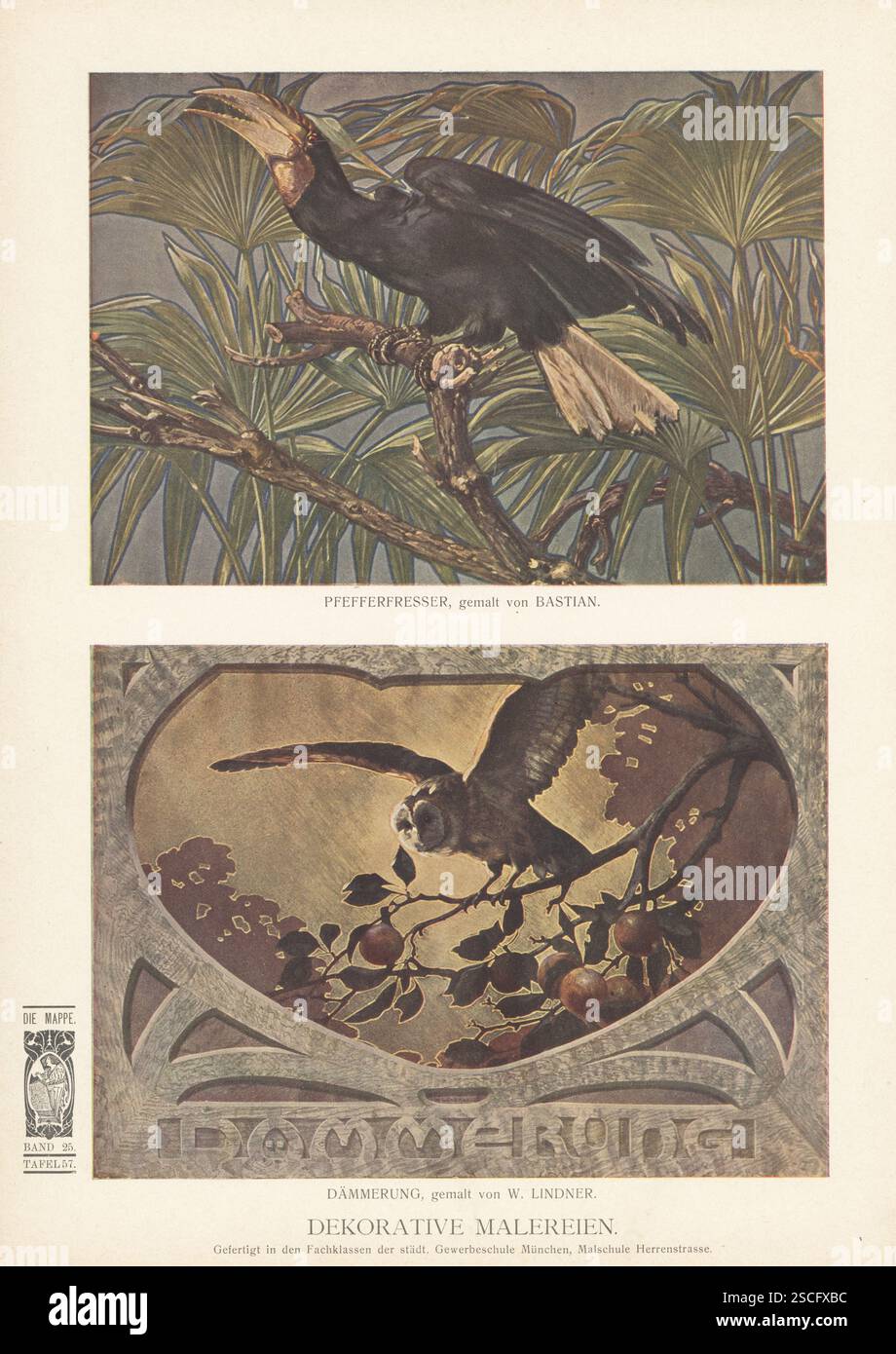 Decorative art nouveau paintings. Toucan in jungle foliage by Bastian, and owl in a pomegranate tree at twilight by W. Lindner. Pfefferfresser von Bastian, Dammerung von W. Lindner. Dekorative Malereien. Chromolithograph by Kastner and Callwey from Georg D. W. Callwey’s Die Mappe, Ilustrierte Fachzeitschrift fur Decorations-Malerei, The Folder, Illustrated Trade Magazine for Decorative Painters, Munich, Germany, 1905. Stock Photo