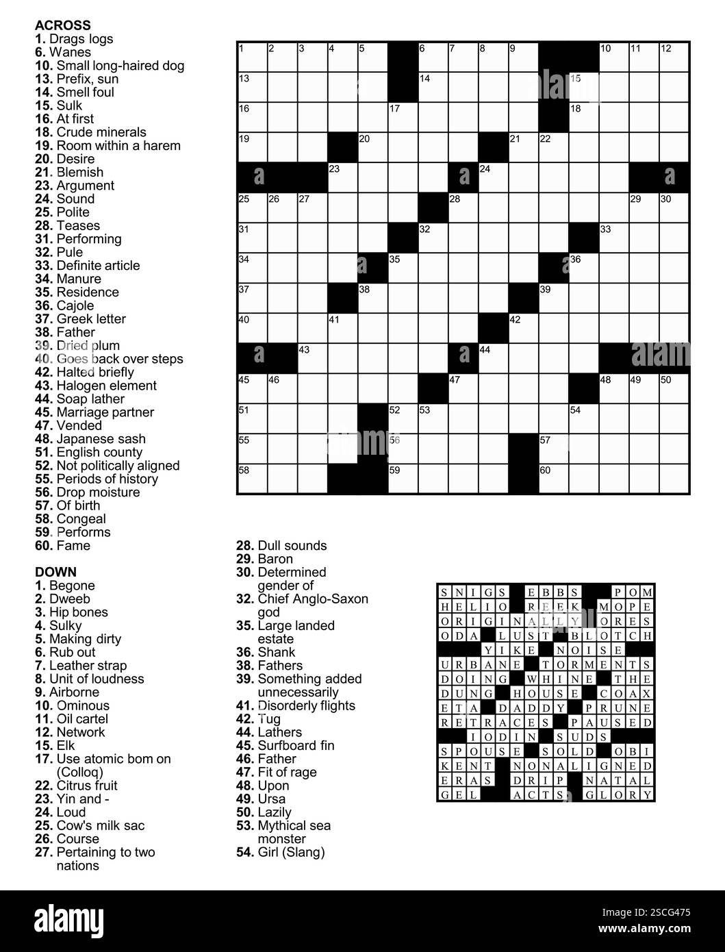 Crossword puzzle game with 15 x 15 squares with clues and solution