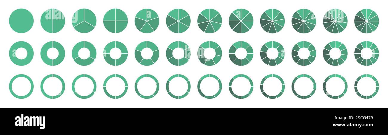 Circle pie chart diagram. 2,3,4,5,6,7,8,9,10,11,12 sections or steps. Flat process cycle. Progress sectors. Stock Vector