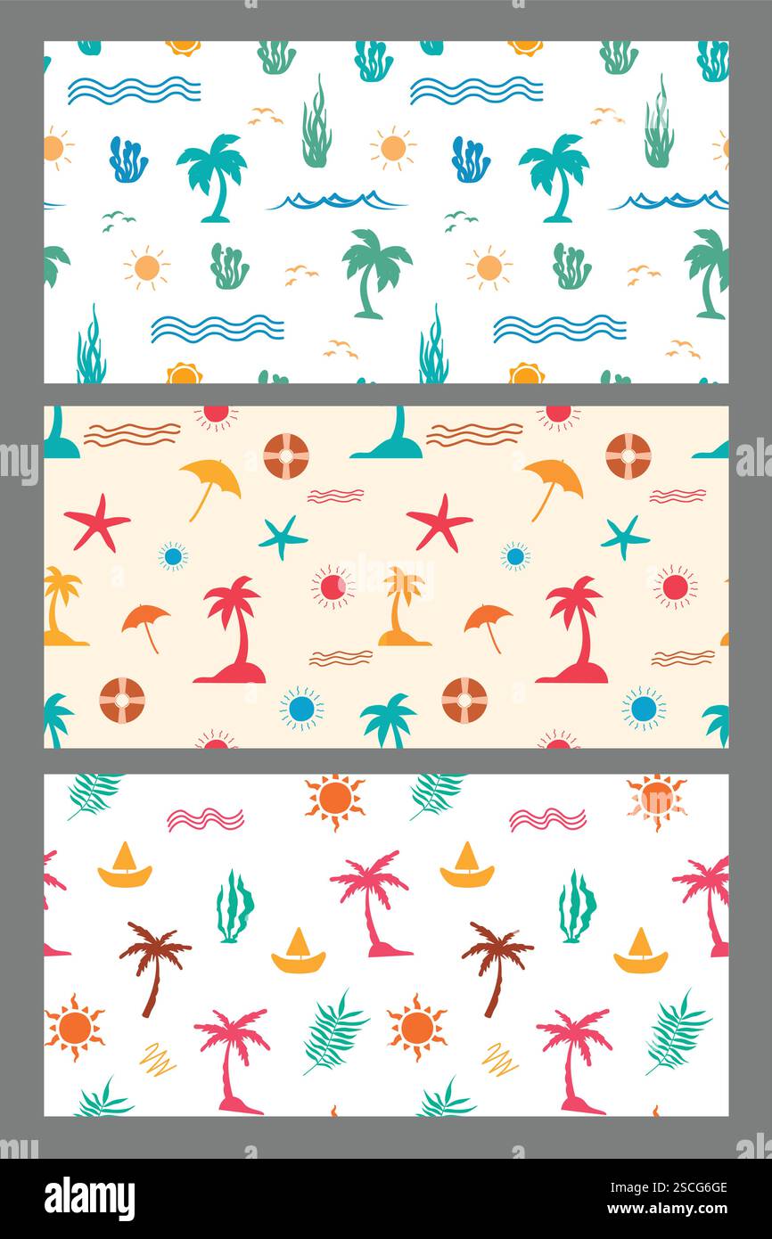 Summer seamless pattern clipart banner set. Summer wallpaper continuous decoration clip art with beach elements for holiday season vector illustration Stock Vector