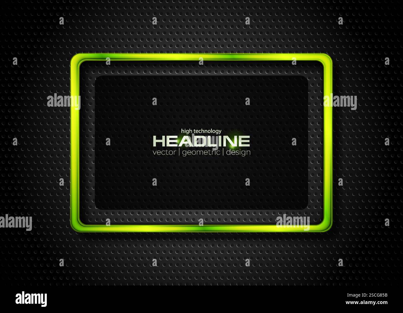 Black perforated background with green glossy rectangle frame. Geometric tech vector design Stock Vector