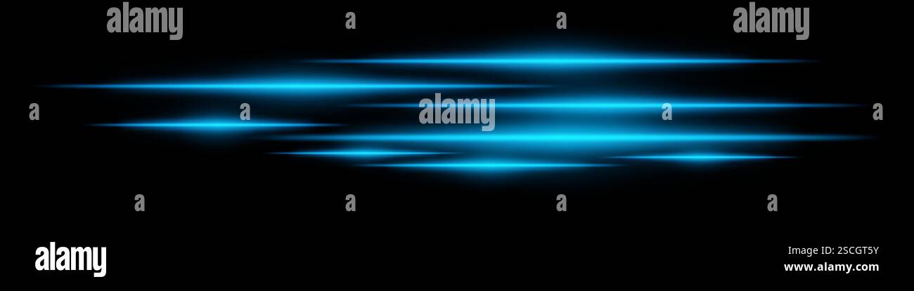 Glowing blue light streaks on a black background. Horizontal neon beams ...