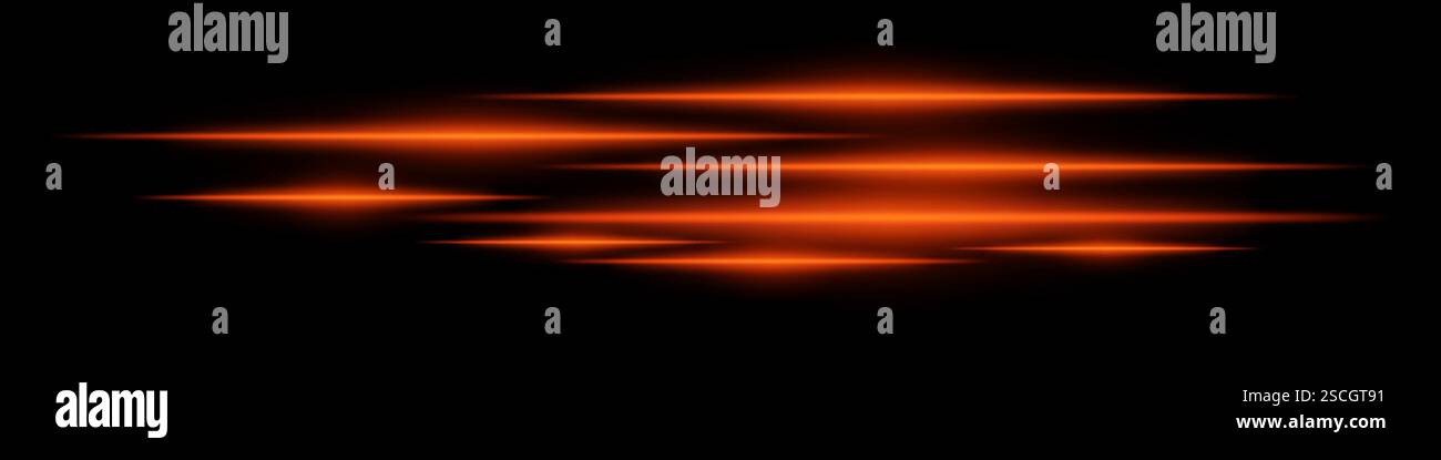 Glowing red light streaks on a black background. Horizontal neon beams ...