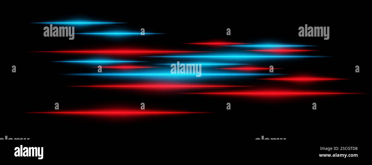 Glowing blue and orange light streaks black background. Horizontal neon ...