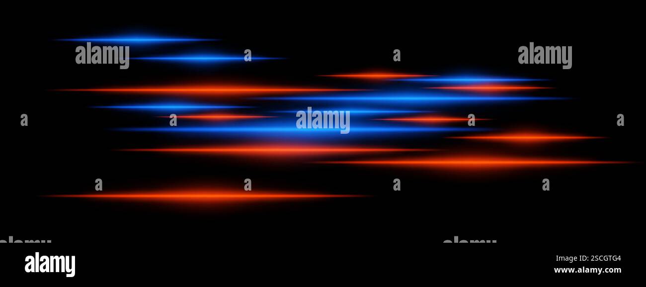 Glowing blue and orange light streaks black background. Horizontal neon ...