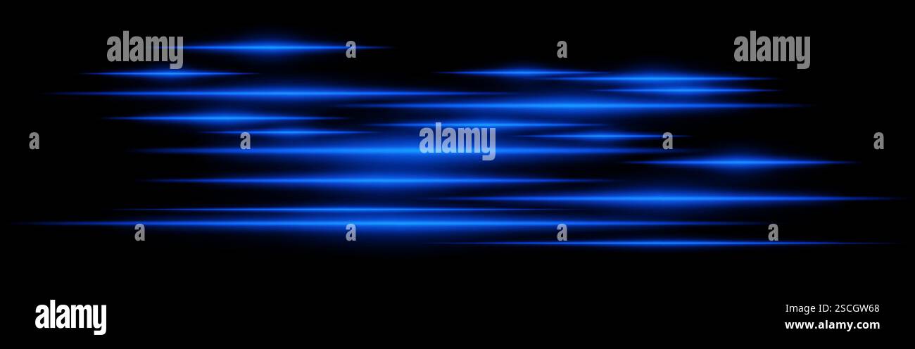 Glowing blue light streaks on a black background. Horizontal neon beams ...