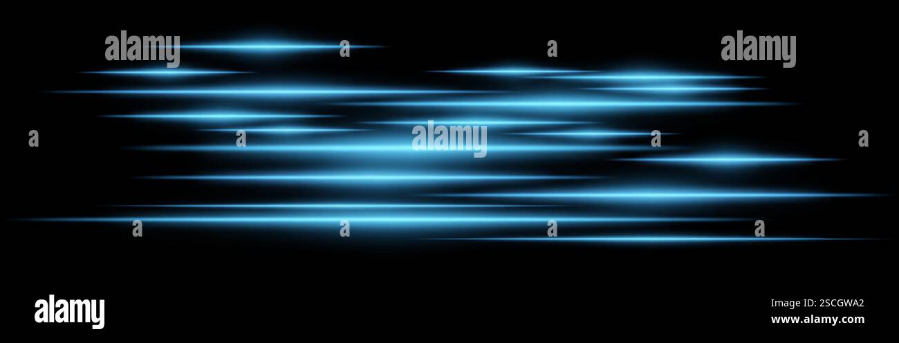 Glowing blue light streaks on a black background. Horizontal neon beams ...