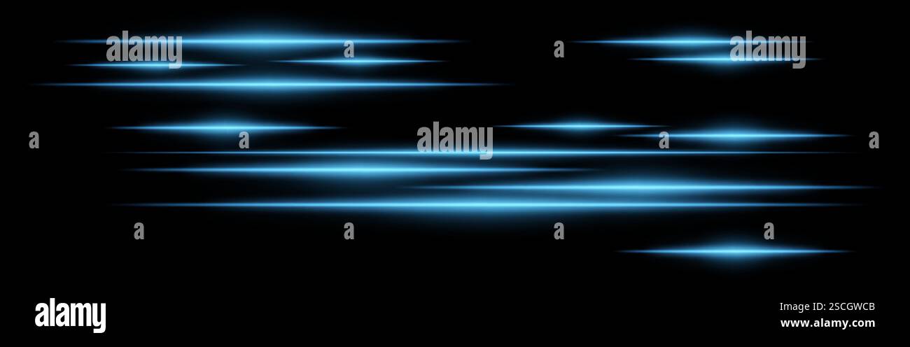 Glowing blue light streaks on a black background. Horizontal neon beams ...
