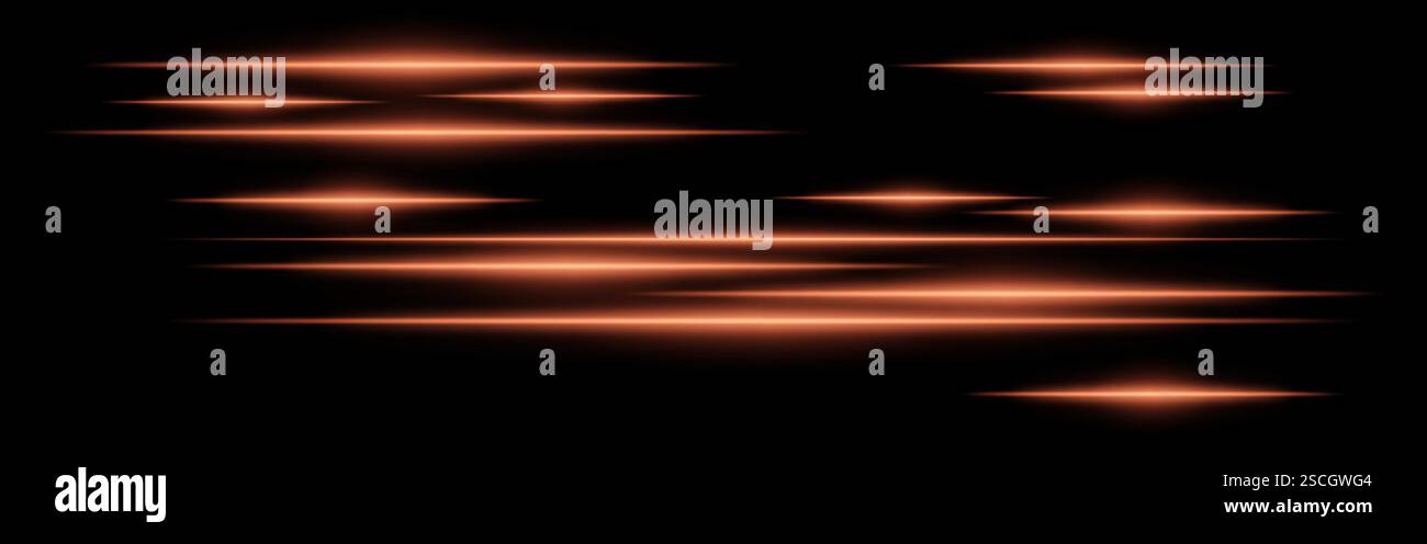 Glowing red light streaks on a black background. Horizontal neon beams ...