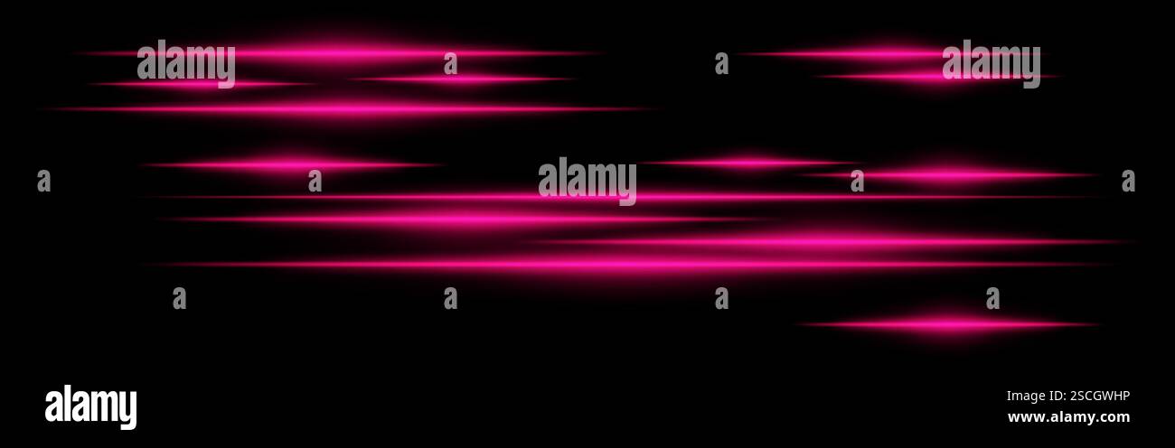 Glowing red light streaks on a black background. Horizontal neon beams ...