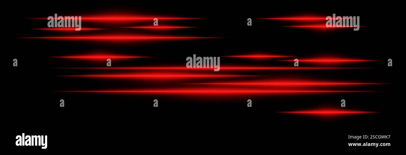 Glowing red light streaks on a black background. Horizontal neon beams ...