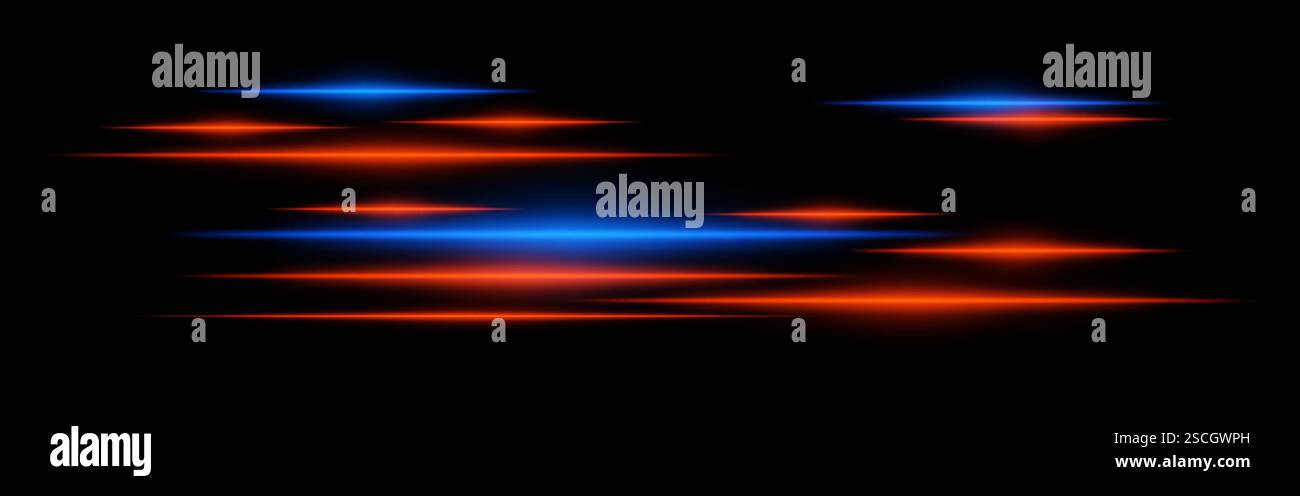Glowing red and blue light streaks on a black background. Horizontal ...