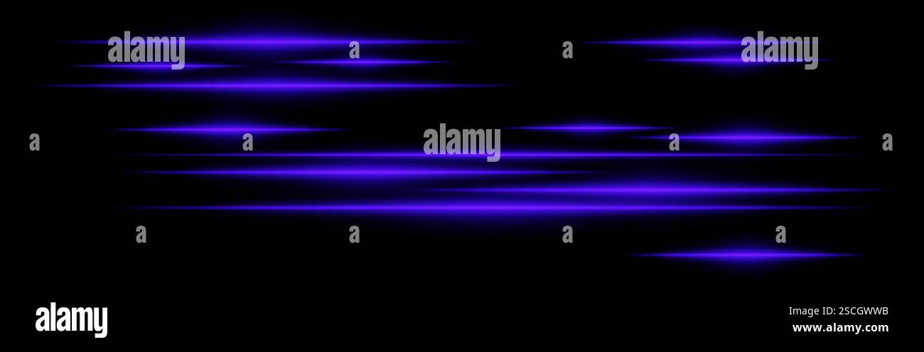 Glowing blue light streaks on a black background. Horizontal neon beams ...