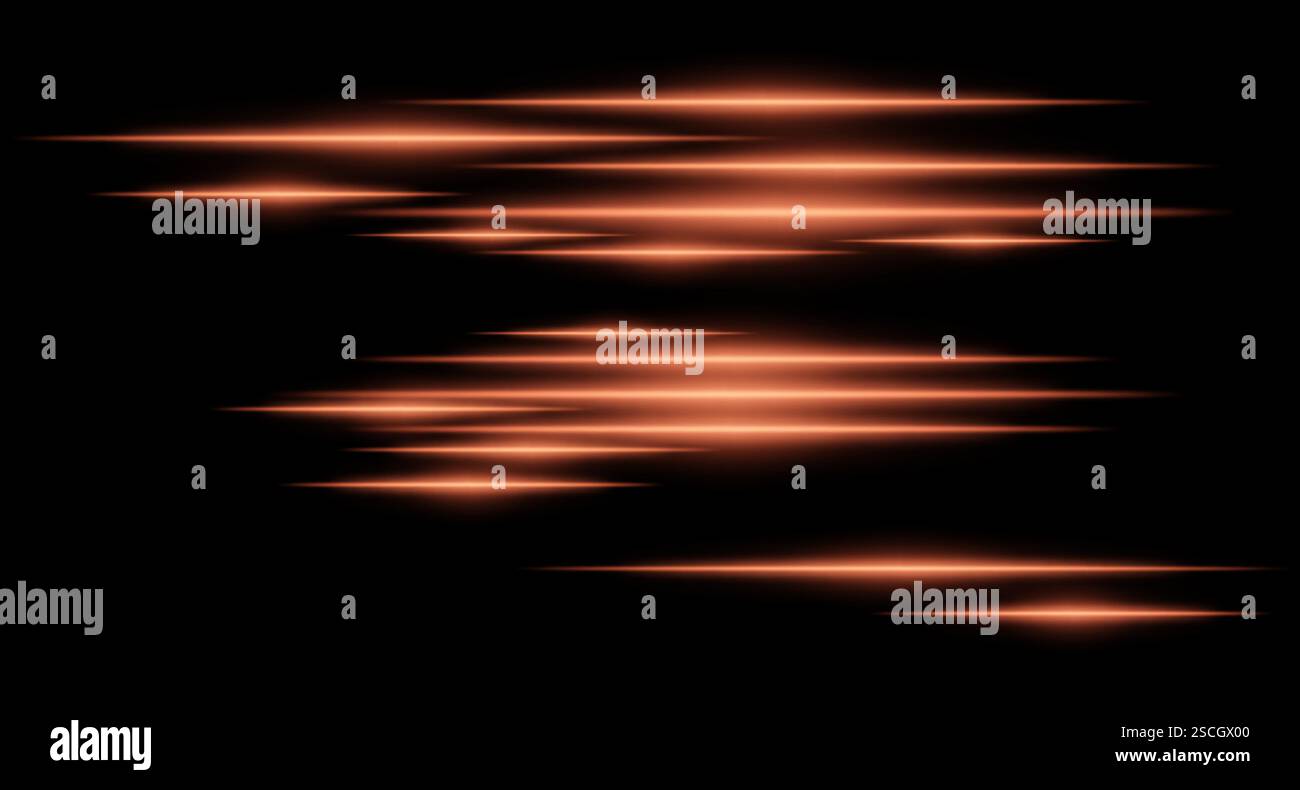 Glowing orange light streaks on a black background. Horizontal neon ...