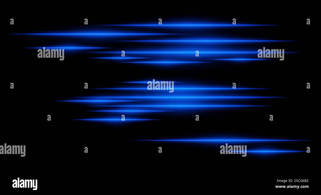 Glowing blue light streaks on a black background. Horizontal neon beams ...