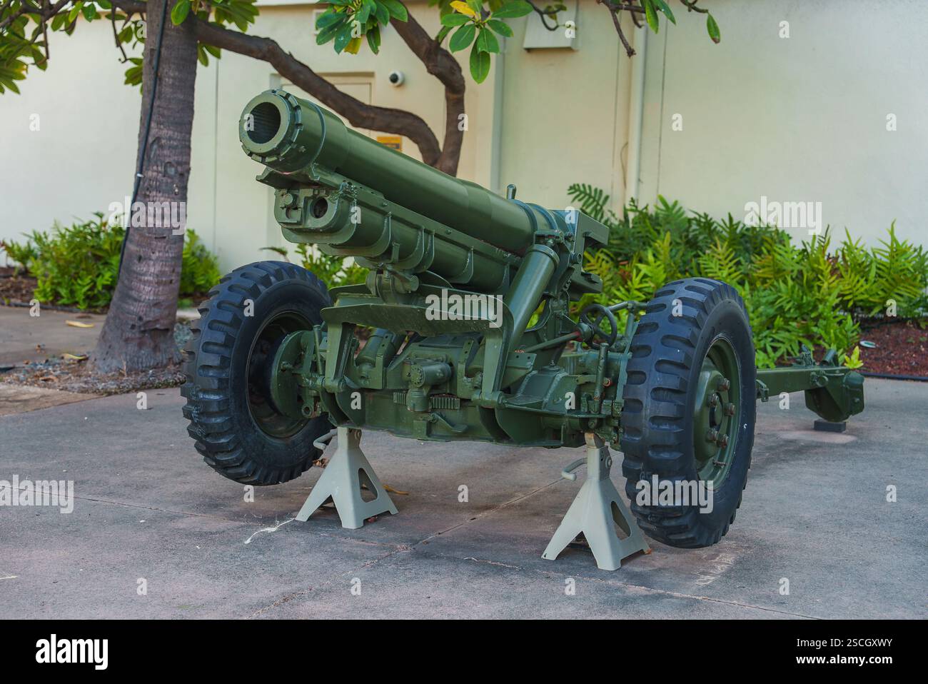 Green Military Artillery Cannon on Display in Tropical Setting Stock ...