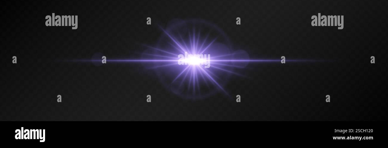 Bright purple lens flare with radiating beams on a dark transparent ...