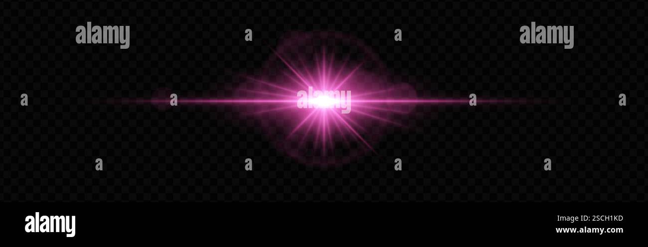Bright pink lens flare with radiating beams on a dark transparent ...