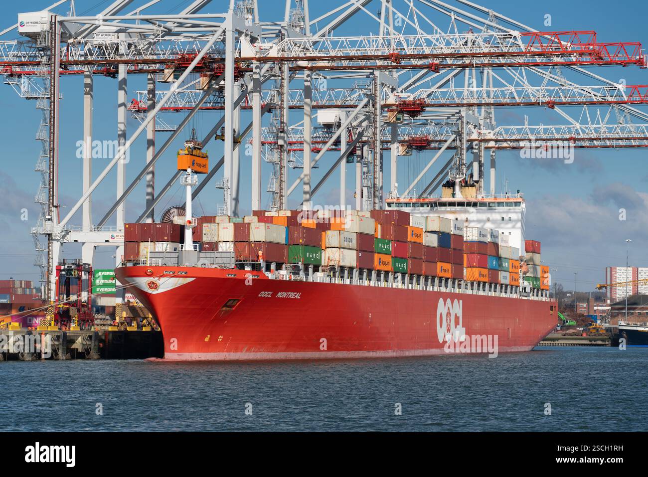 A container ship being unloaded at Southampton Container Port Stock Photo
