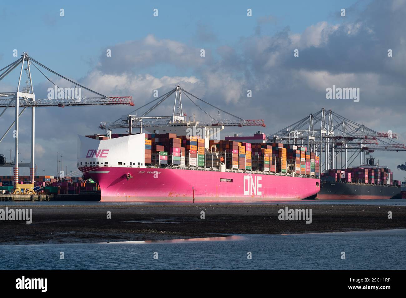 A container ship being unloaded at Southampton Container Port Stock Photo