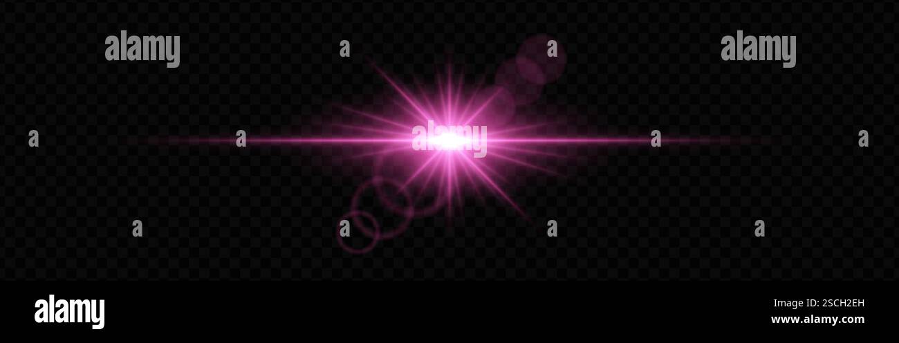 Bright pink lens flare with radiating beams on a dark transparent ...