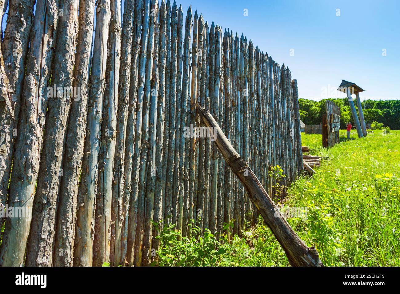 Wooden fence on a forest and blue sky background Stock Photo - Alamy