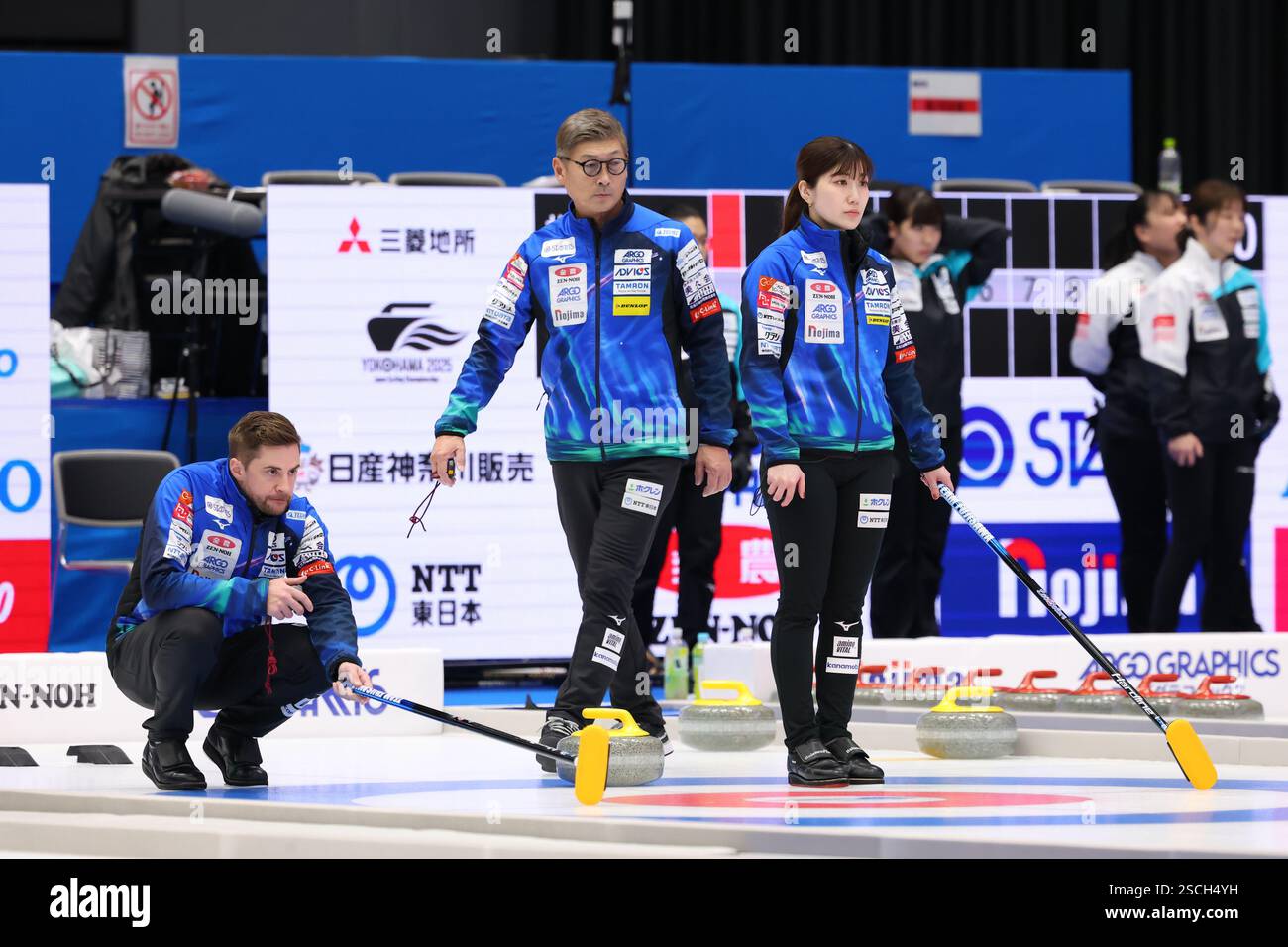 Yokohama BUNTAI, Kanagawa, Japan. 7th Feb, 2025. (L-R) James Lind, Ryoji Onodera, Ayako Matsuzawa (LOCOSOLARE), FEBRUARY 7, 2025 - Curling : Japan curling championships Yokohama 2025 at Yokohama BUNTAI, Kanagawa, Japan. Credit: Yohei Osada/AFLO SPORT/Alamy Live News Stock Photo