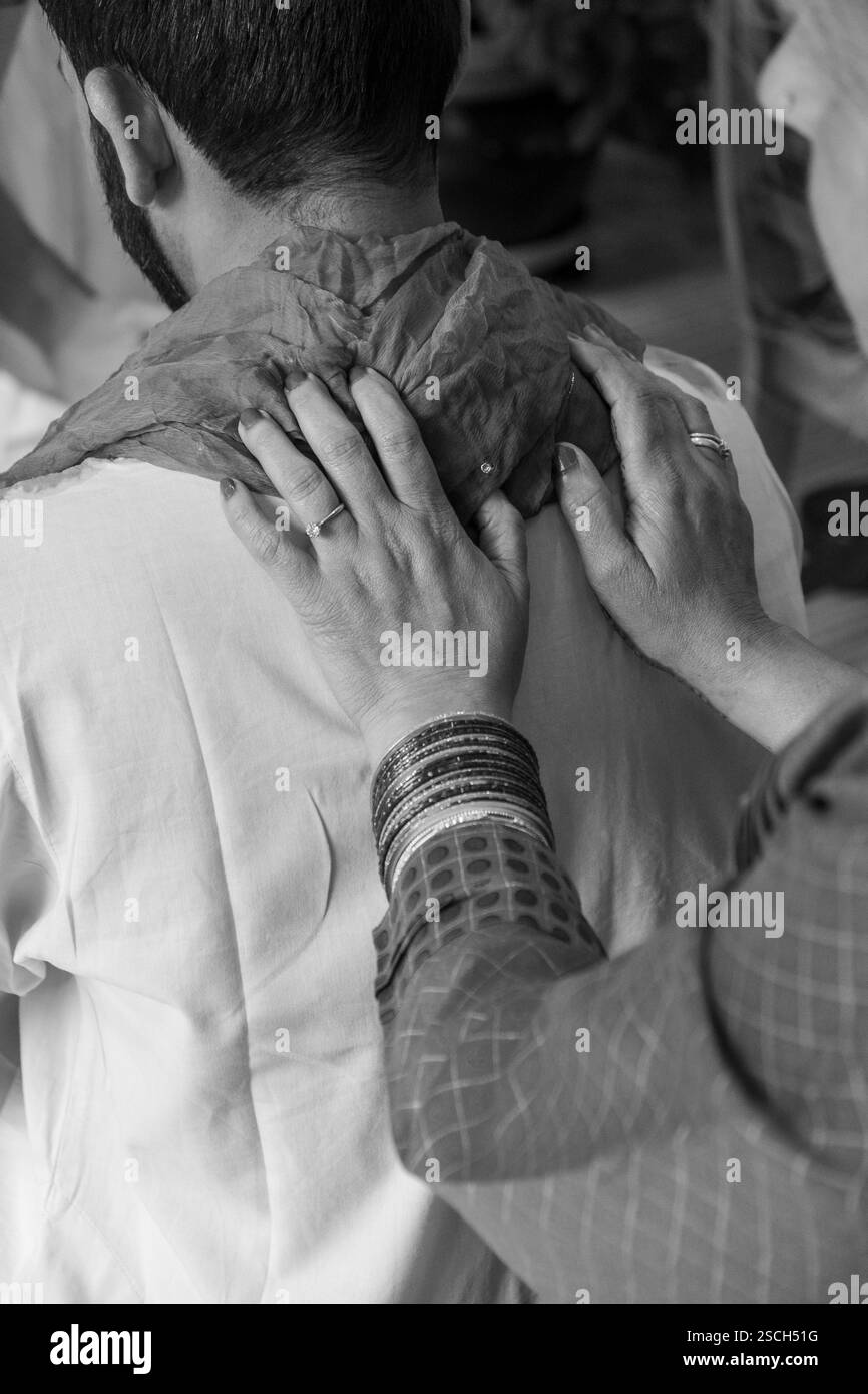 Hindu Blessing Ritual, Mother places Hands on Son's Back, Prayer Stock ...