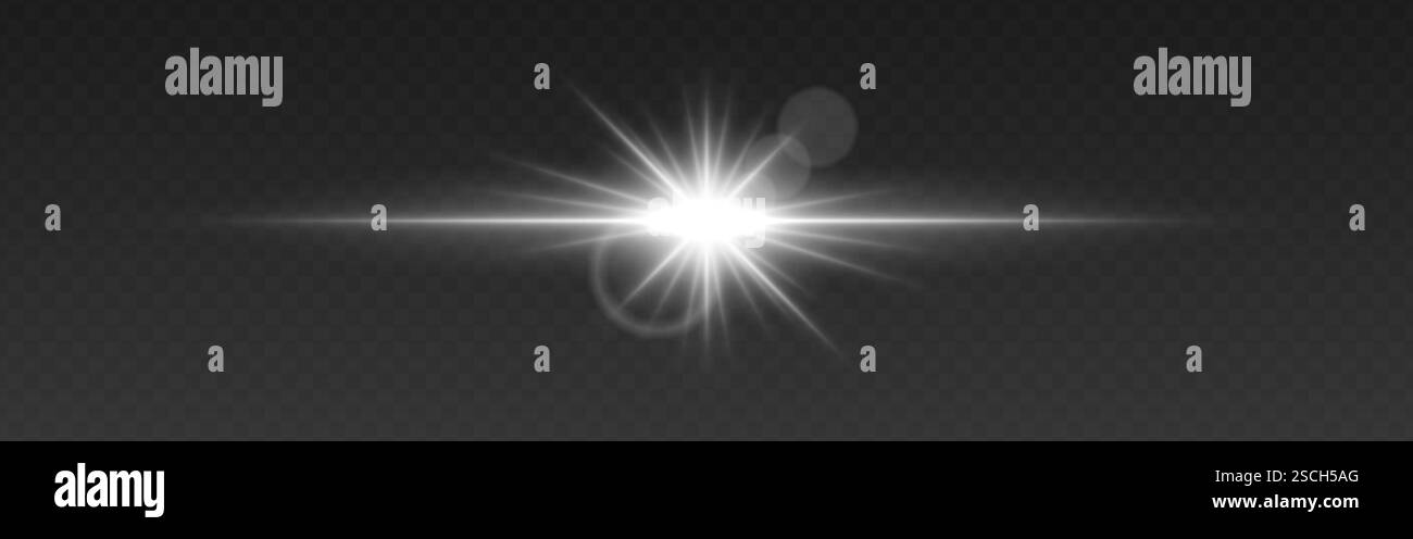 Bright white glowing light flare with horizontal lens flare effect ...
