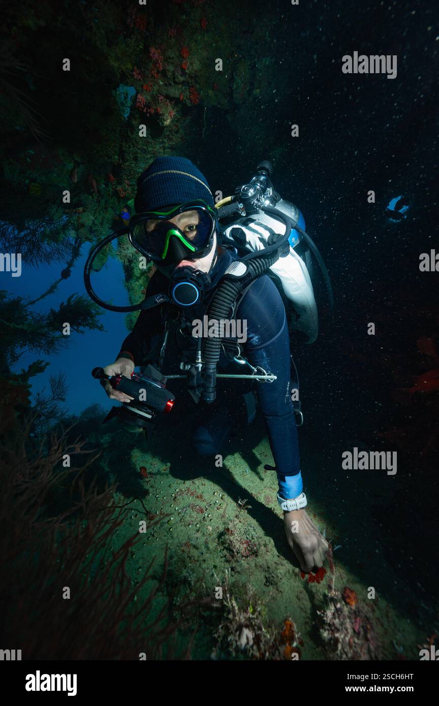 diver exploring wreck of an old fishing vessel in the Maldives Stock ...