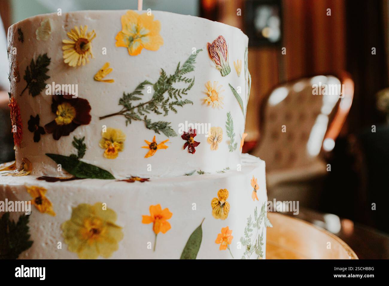 pressed flowers wedding cake design Stock Photo