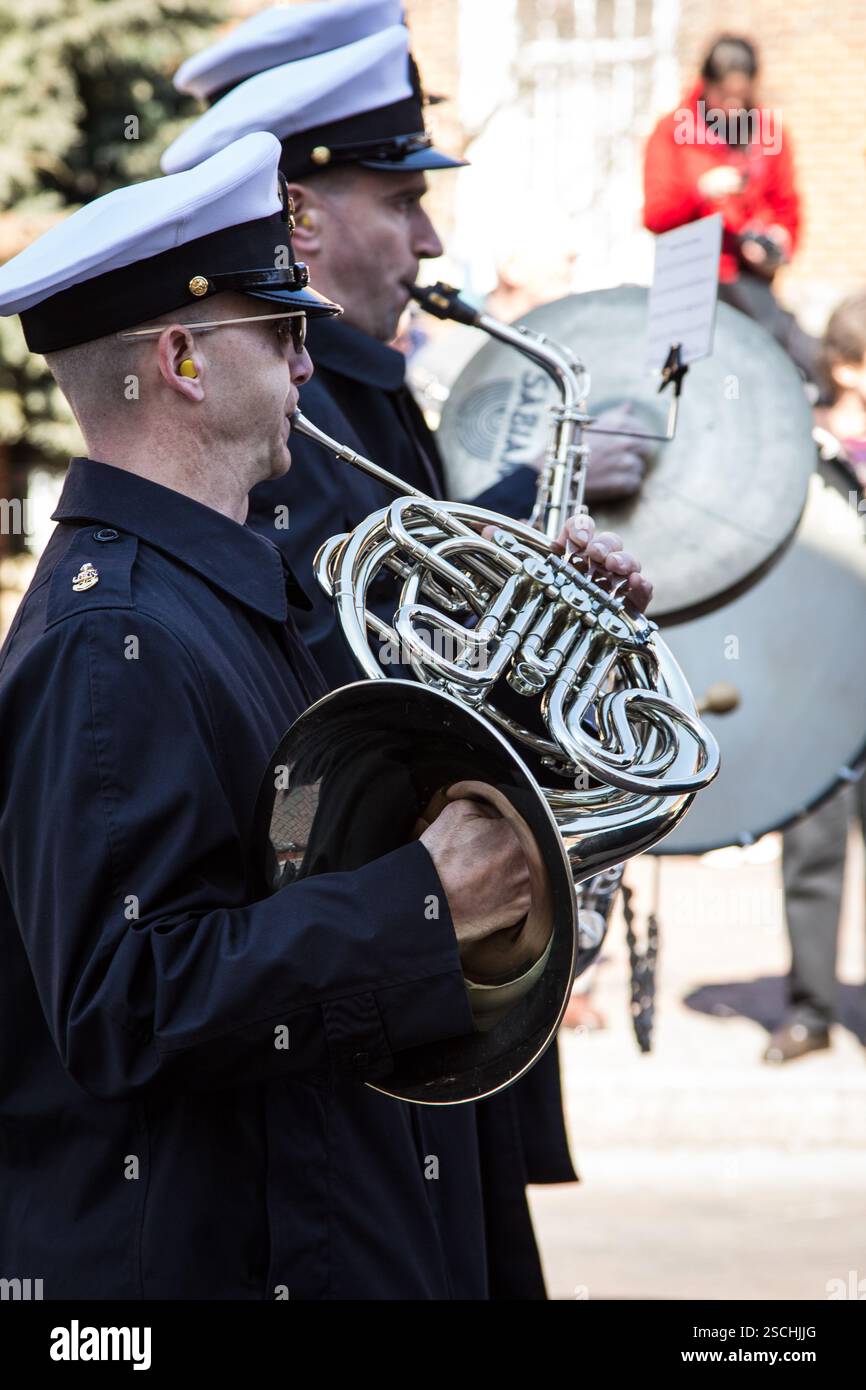 Military Band Members Play French Horns And Saxophones Performance For military-band-members-play-french-horns-and-saxophones-performance-for