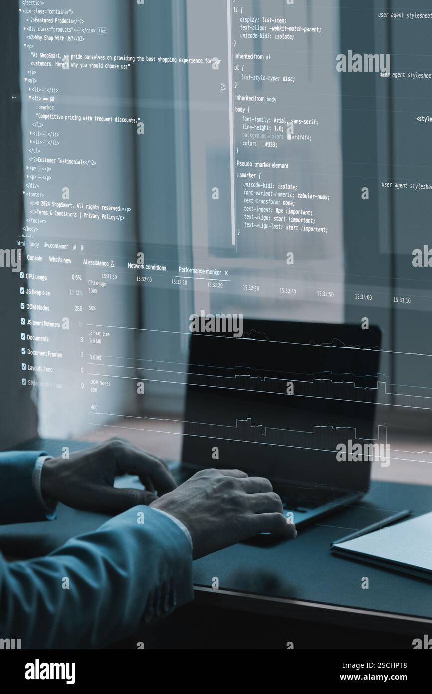 Close-up of coding interface projected over workspace. Fictional programming lines, website development elements Stock Photo