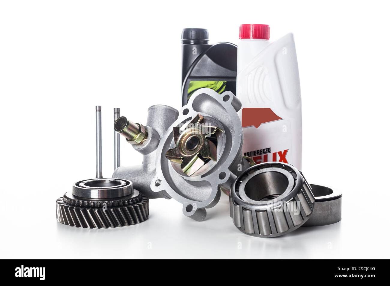 Setting Part Display of automotive parts including a water pump, bearings, and oil ...