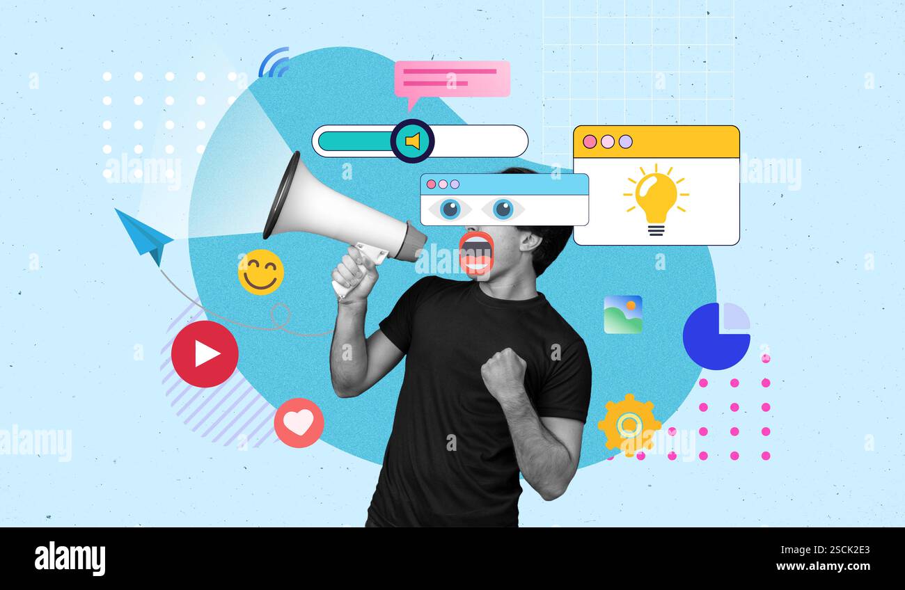Modern communication concept, Young man with megaphone and social media ...