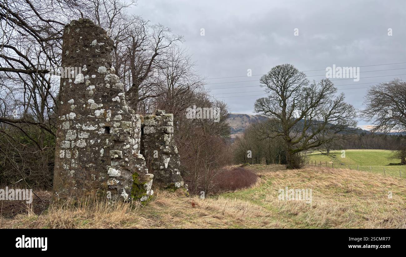 Dowhill Castle ruin in the Scottish landscape. Old abandoned landmark historic medieval architecture landscape - Smartphone Captured Stock Image
