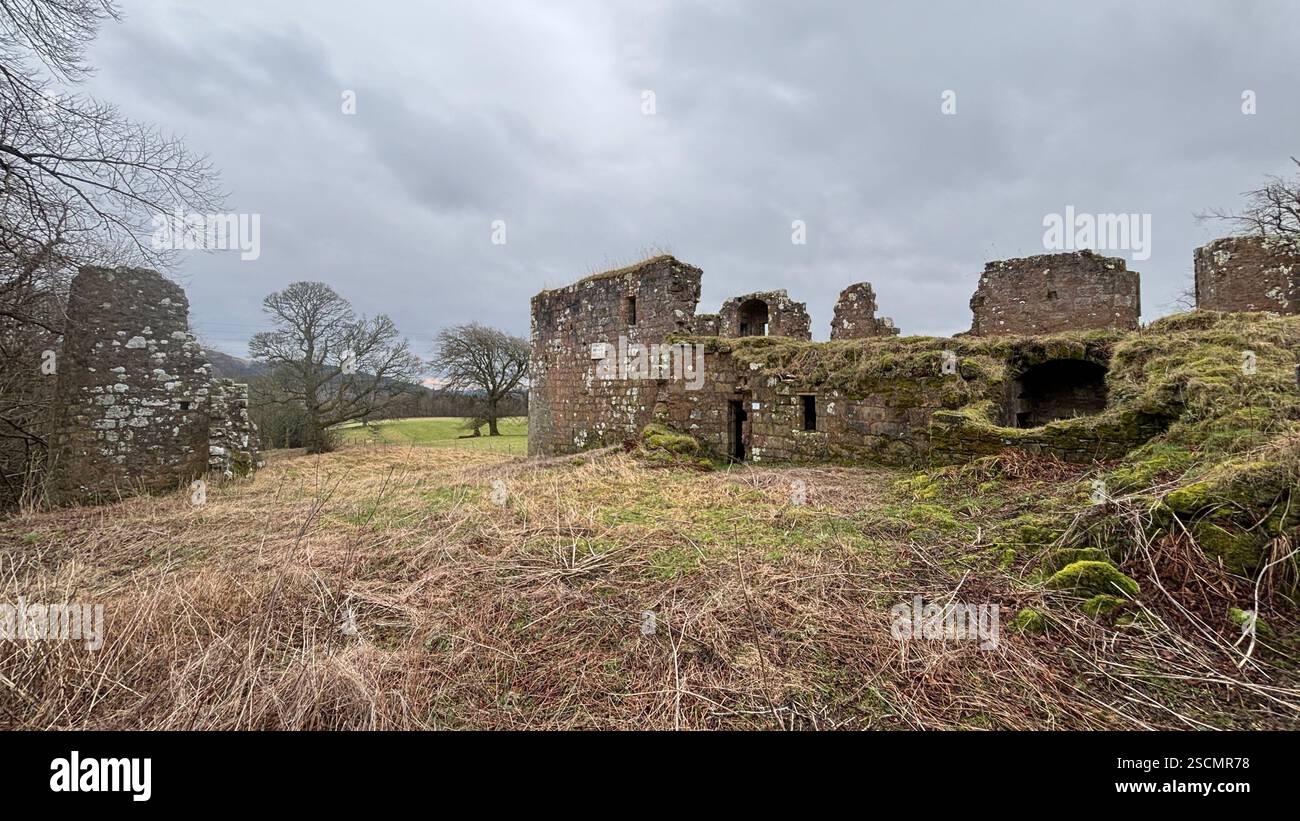 Dowhill Castle ruin in the Scottish landscape. Old abandoned landmark historic medieval architecture landscape - Smartphone Captured Stock Image