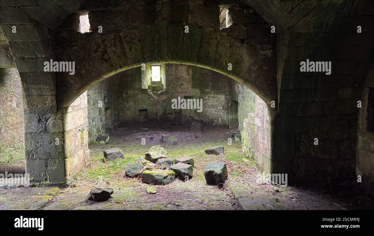 Dowhill Castle ruin in the Scottish landscape. Old abandoned landmark historic medieval architecture landscape - Smartphone Captured Stock Image